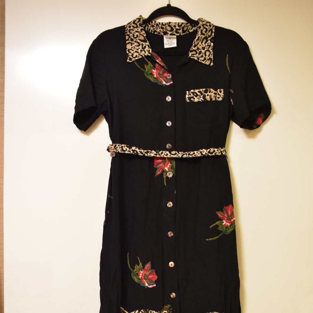 Vintage midi black and animal print belted dress with collar size 12 by Mix IT